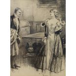 Lewis Baumer (1870-1963), interior scene with a gentleman and a lady, pen and ink, signed, 34 x 25