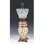 A Zsolnay Pecs pottery oil lamp, with acid etched clear glass