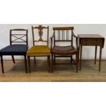 An early 20th century rosewood inlaid chair, a mahogany armchair, a side table, and a chair (4)