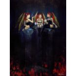 Nancy Farmer, three female demons, mixed media, signed, 40 x 30 cm