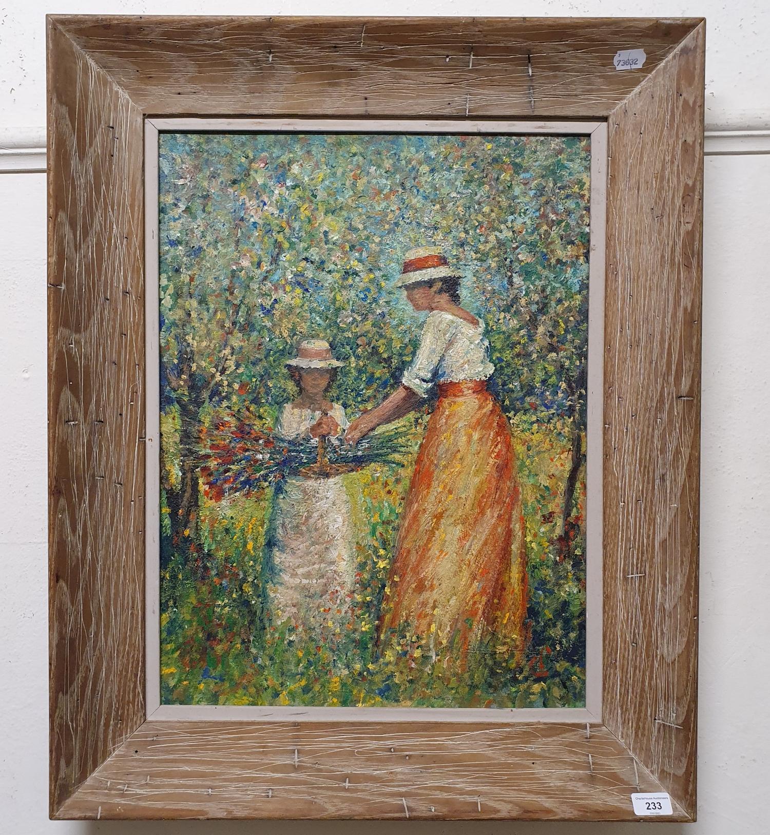 Impressionist school, two figures picking flowers, oil on board, 60 x 44 cm - Image 2 of 2