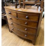 A 19th century mahogany bow front chest, having two short and three long drawers on bracket feet,