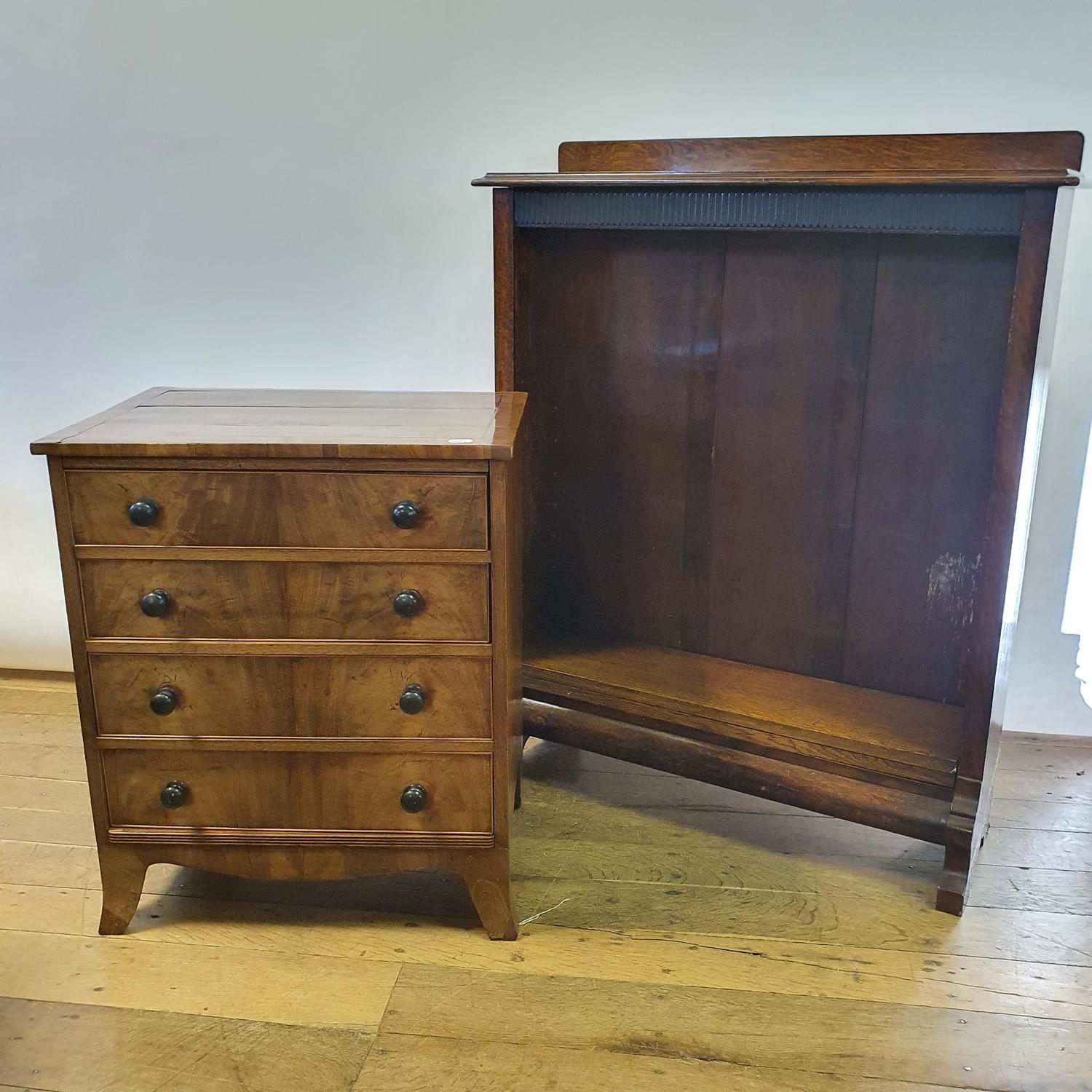 A 19th century mahogany chest, of four drawers, on bracket feet, 63 cm wide, and an oak bookcase, 92