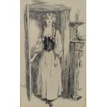 Lewis Baumer (1870-1963), a lady standing in a doorway, pen and ink, signed, 29 x 19 cm
