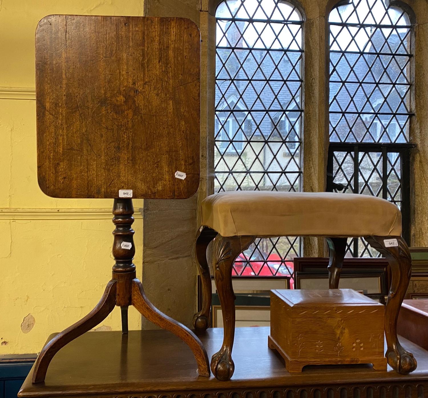 A 19th century mahogany tripod table, 47 cm wide, a mahogany table, a chair and a stool (4)