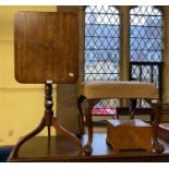 A 19th century mahogany tripod table, 47 cm wide, a mahogany table, a chair and a stool (4)