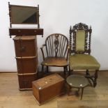 A 19th century mahogany dressing mirror, a trunk, four chairs, a projector, an oval mirror, a