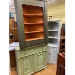 A painted free standing corner cupboard, 76 cm wide, a corner cupboard, a painted CD rack, and a