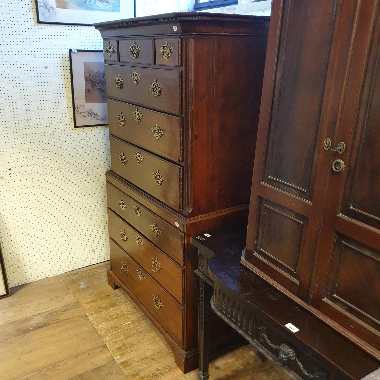 A 19th century mahogany chest on chest, the top with three short and three long drawers, above three - Image 4 of 7