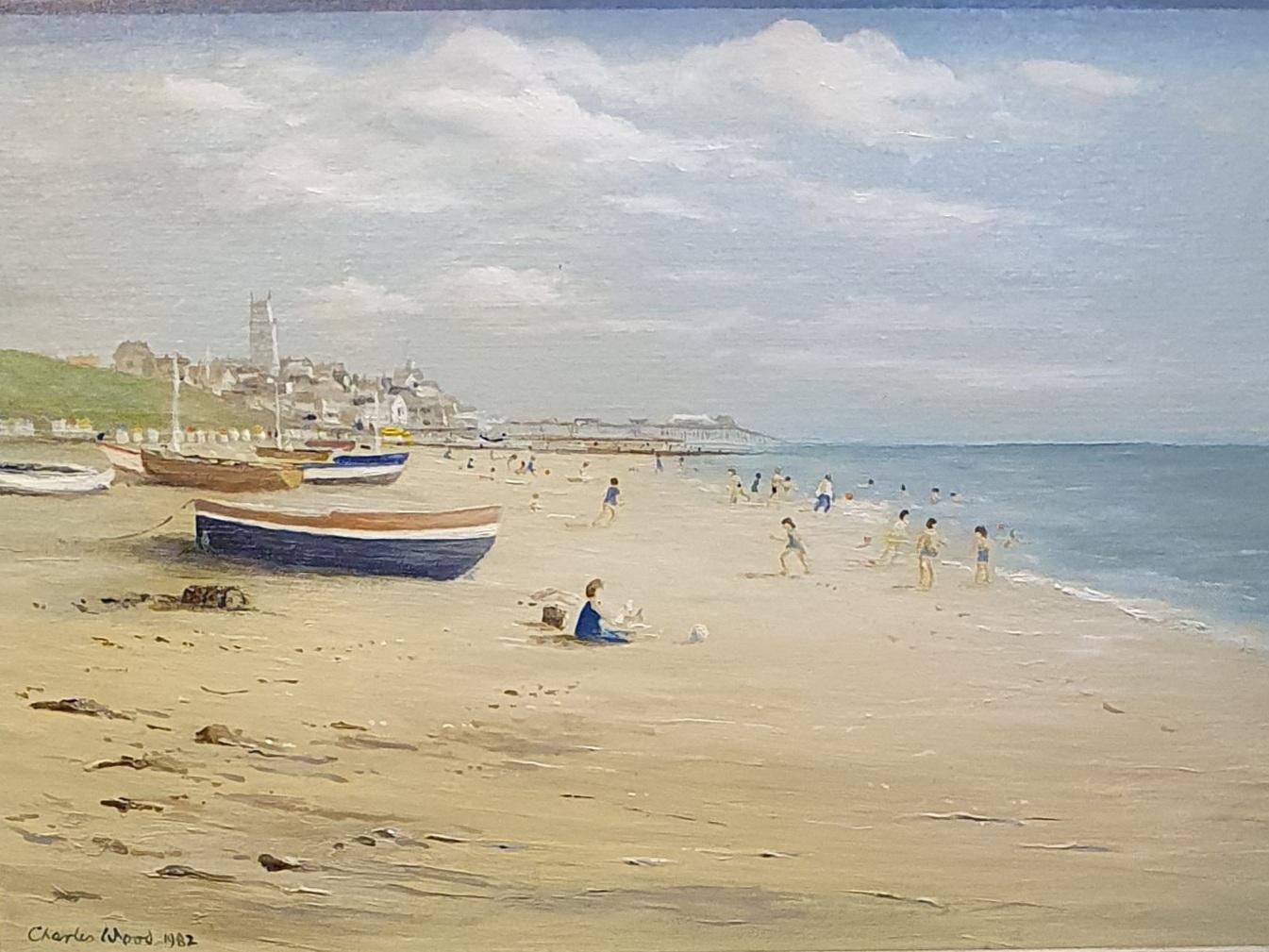 Charles Wood, beach scenes, oil on board, dated 1982, a pair, 23 x 33cm (2)