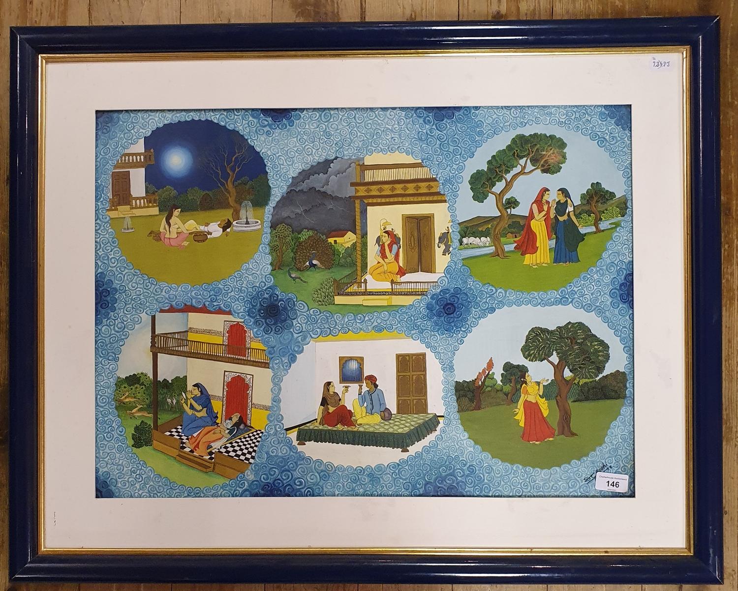 S E Joshi?, Indian school, 20th century, six scenes with figures on blue field, 47 cm x 64 cm