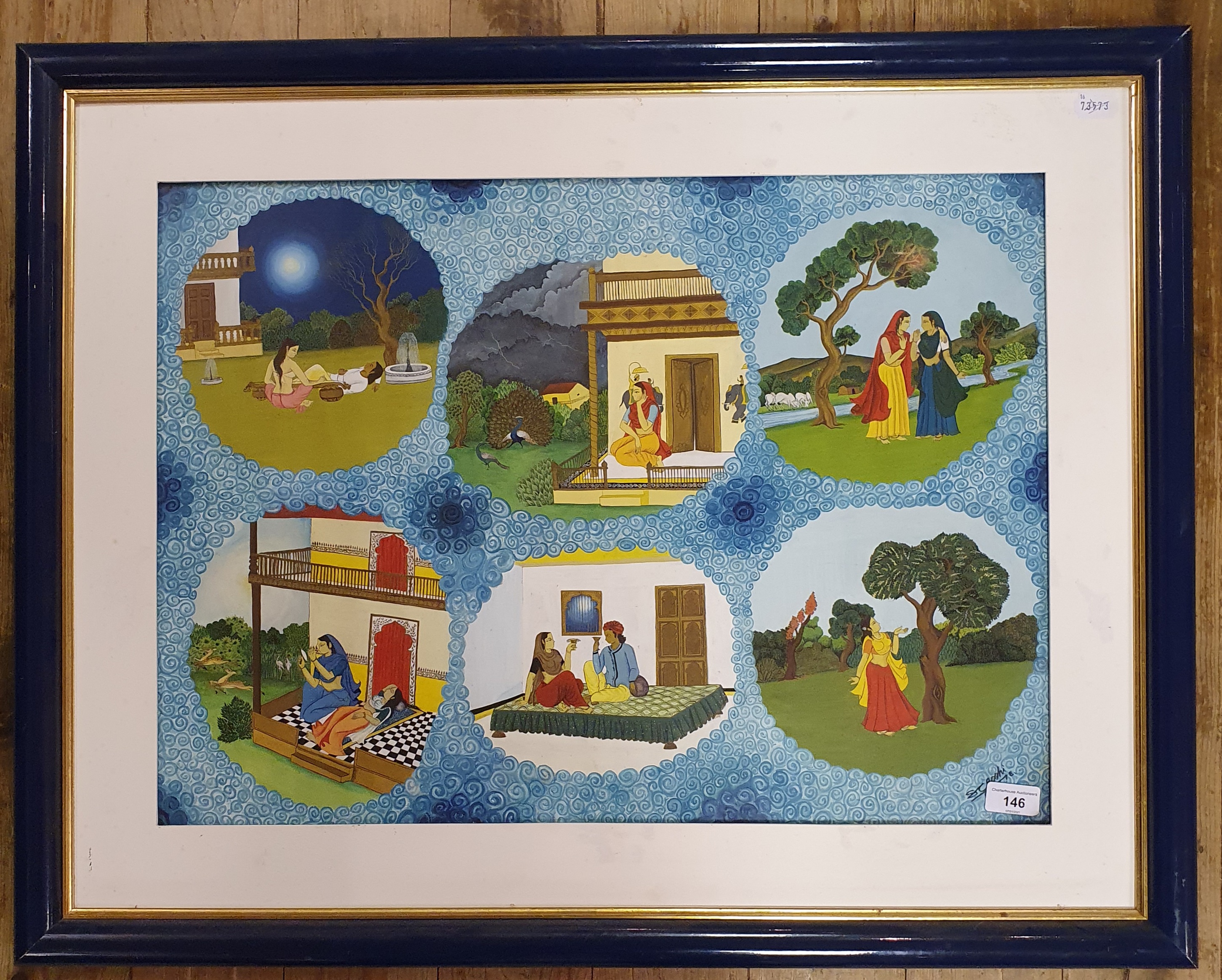 S E Joshi?, Indian school, 20th century, six scenes with figures on blue field, 47 cm x 64 cm - Image 2 of 4