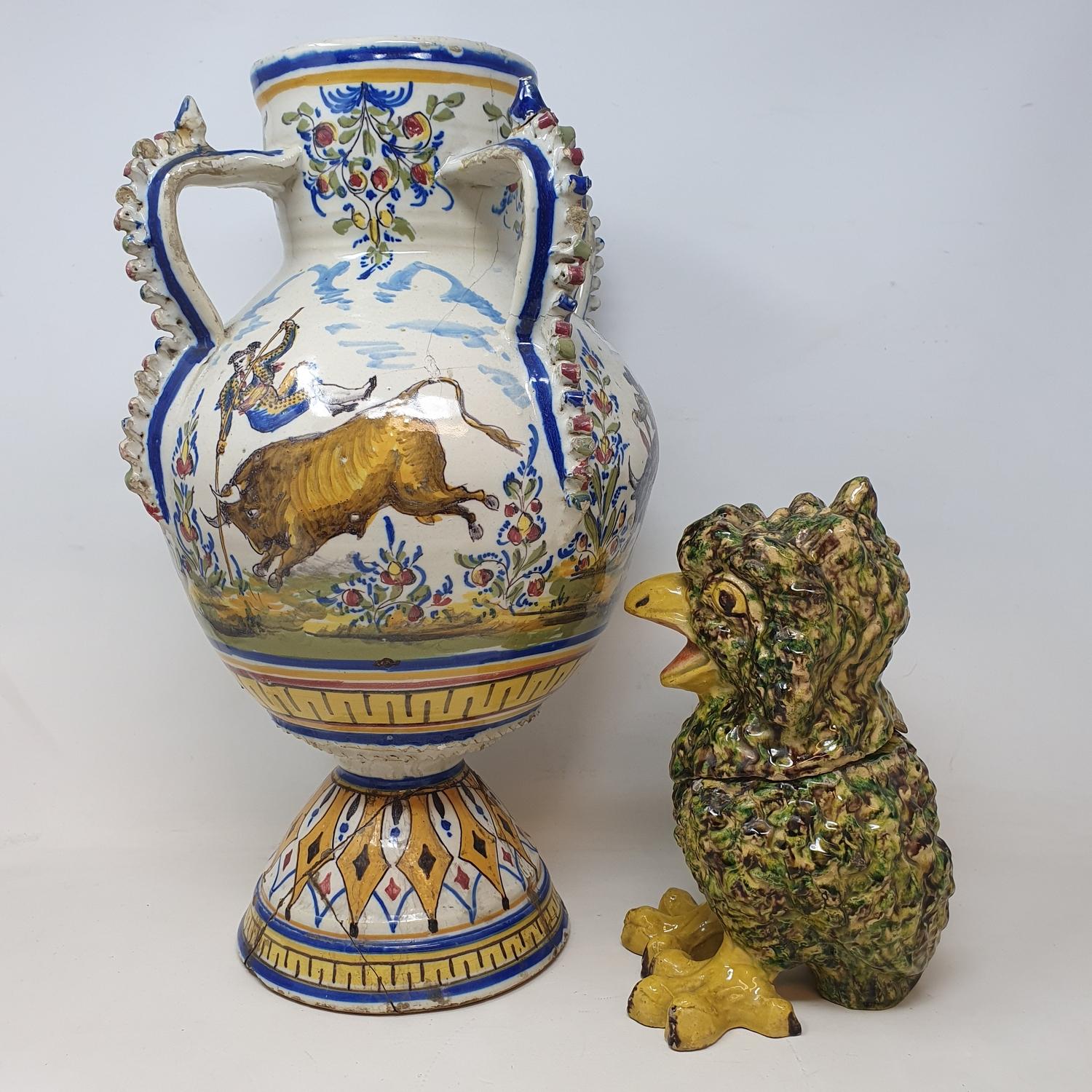 A Spanish tin glazed vase, decorated figures bull fighting, chipped, cracked and repaired, 41.5 cm - Image 3 of 10