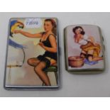 A cigarette case, decorated a 1950's pin up girl, and another (2) Report by JS This is a 20th/21st