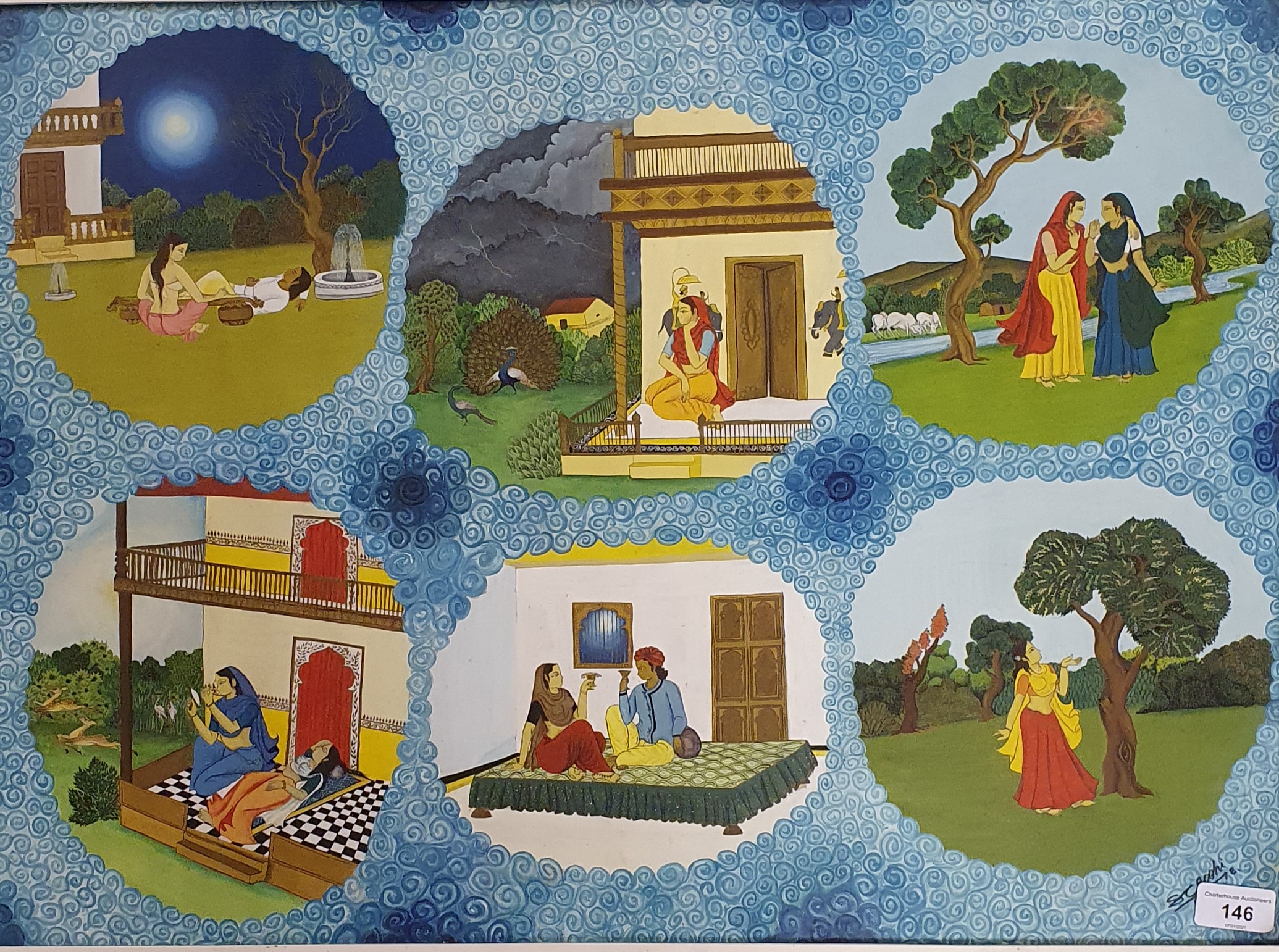 S E Joshi?, Indian school, 20th century, six scenes with figures on blue field, 47 cm x 64 cm - Image 4 of 4