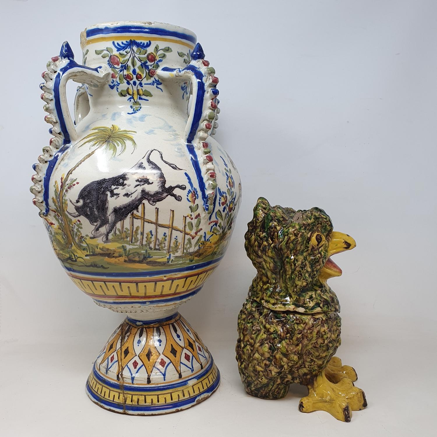 A Spanish tin glazed vase, decorated figures bull fighting, chipped, cracked and repaired, 41.5 cm - Image 7 of 10