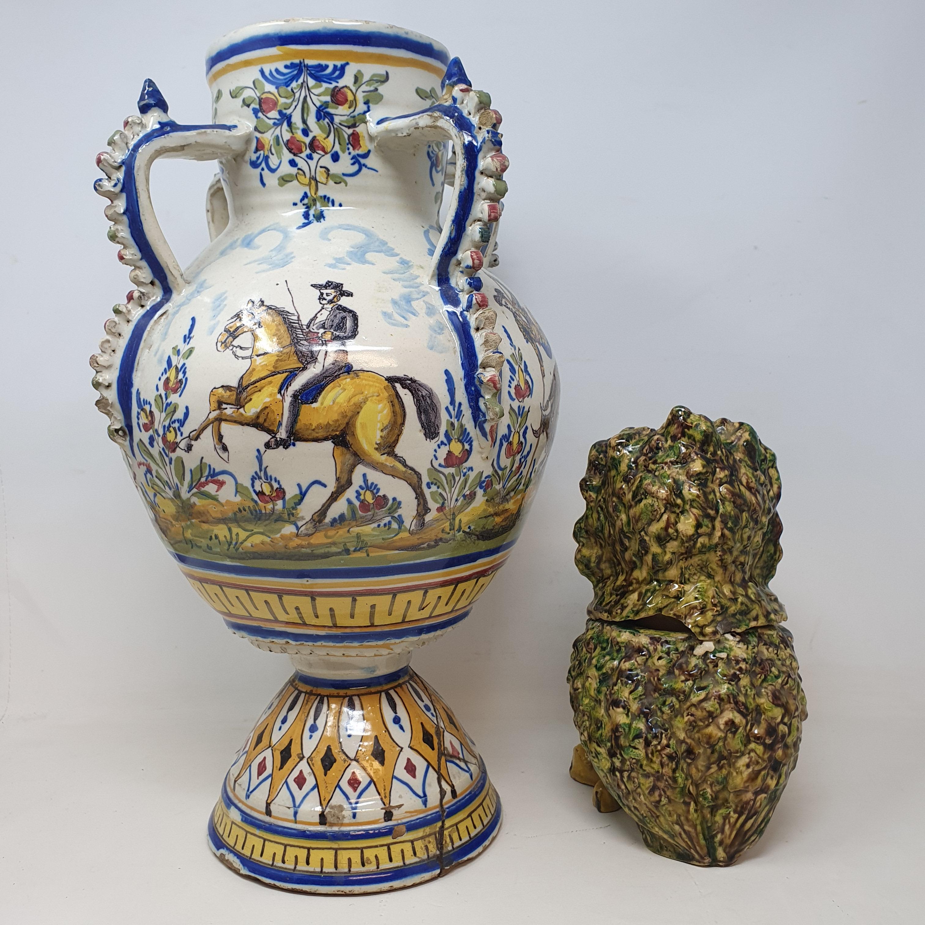 A Spanish tin glazed vase, decorated figures bull fighting, chipped, cracked and repaired, 41.5 cm - Image 6 of 10
