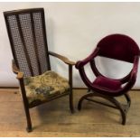 A 17th century style X frame armchair, upholstered in maroon velvet, and a beech armchair, with a