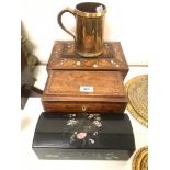 A 19th century satinwood tea caddy, gutted, 24 cm wide, a Victorian inlaid rosewood workbox, gutted,