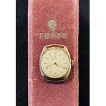 A gentleman's 9ct gold Tudor wristwatch, with centre seconds, a Tudor watch box, and a Tudor watch