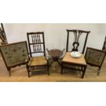 A set of four George III dining chairs, four other chairs, two firescreens, a folding table and a