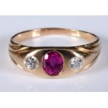 A yellow coloured metal, ruby and diamond ring, approx. ring size N½ ring band think, has clearly