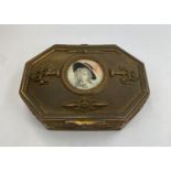 A Continental gilt metal box, of rectangular form having canted corners, the top inset a portrait