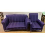 A drop end settee upholstered in purple fabric, and an armchair in matching upholstery (2)