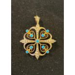 An Edwardian 9ct gold, seed pearl and turquoise pendant, 4 cm high 3.7 g (all in), steel pin,