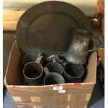 Assorted pewter mugs, and a charger (box)