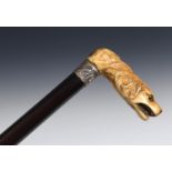 A 19th century walking stick, with a carved ivory handle in the form of a snarling dog, on an