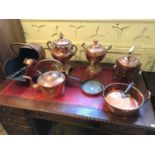 A Victorian copper samovar, 43 cm high, another, a copper kettle, a copper coals scuttle and other