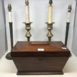 A Victorian mahogany tea caddy, 39 cm wide, and two pairs of lamps
