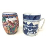 A Chinese famille rose export mug, of barrel form, decorated figures, handle restored, 13 cm high,