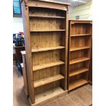 A pine open bookcase, 89.5 cm wide, and another similar, 76 cm wide (2) generally good, from a