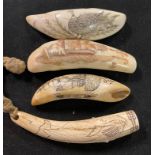 A scrimshaw style tooth, decorated a two mast sailing ship and a vase of flowers, 8 cm, two