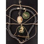 A jade oval pendant, with a yellow metal dragon and chain and various costume jewellery (box)