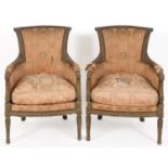A pair of French painted tub armchairs, on tapering fluted front legs (2) Report by RB Clearly