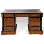 A Victorian pedestal desk, veneered in burr walnut, crossbanded in kingwood and with boxwood