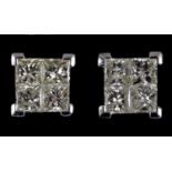 A pair of 18ct gold and invisible set princess cut diamond stud earrings, with screw backs, the