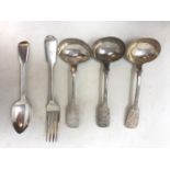 A set of three silver fiddle pattern sauce ladles, London 1834, a silver fork, and a silver spoon,