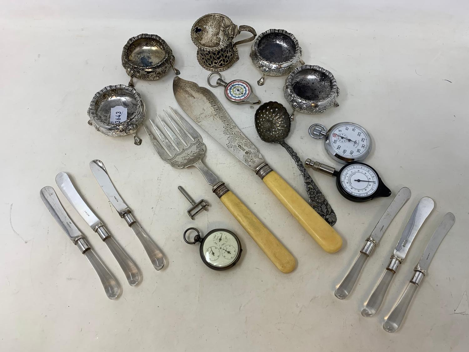 A pair of silver fish servers, Sheffield 1894, a set of 6 tea knives in an Asprey box, a silver