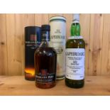 A litre bottle of Highland Park single malt whisky, 12 year old, and a litre bottle of Laphroaig,