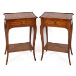 A pair of Louis XVI style bedside two tier tables, with floral marquetry and geometric parquetry