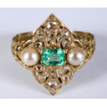 A yellow coloured metal, emerald, diamond and seed pearl ring, of pierced lozenge form, approx. ring