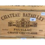 Twelve bottles of Chateau Batailley Pauillac Grand Cru Classe, 2005, in own wooden case From a