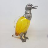 A modern silver plated and amber glass claret jug, in the form of a duck, 28 cm high Report by JS