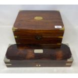 A Victorian rosewood writing slope, bound in brass, 30cm wide, and a similar rosewood pen box,