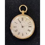 An 18ct gold fob watch, with a silvered dial and engraved back Report by RB Balance wheel rotates at