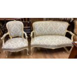 A French style painted two seater settee, on cabriole front legs, and a matching armchair (2)